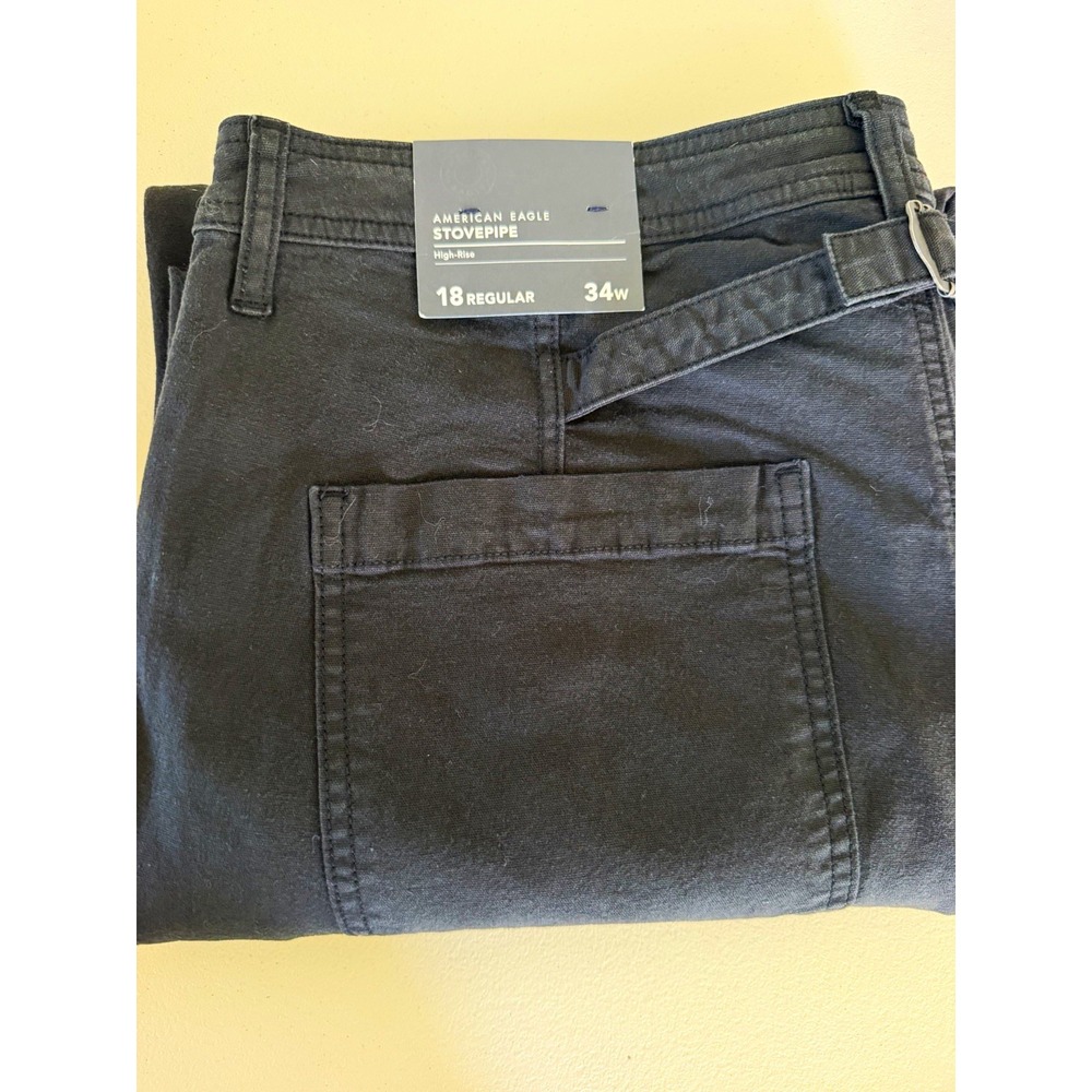 American Eagle Women's Plus Cargo Pants 34x29 Black Solid Flat Front Pockets 18